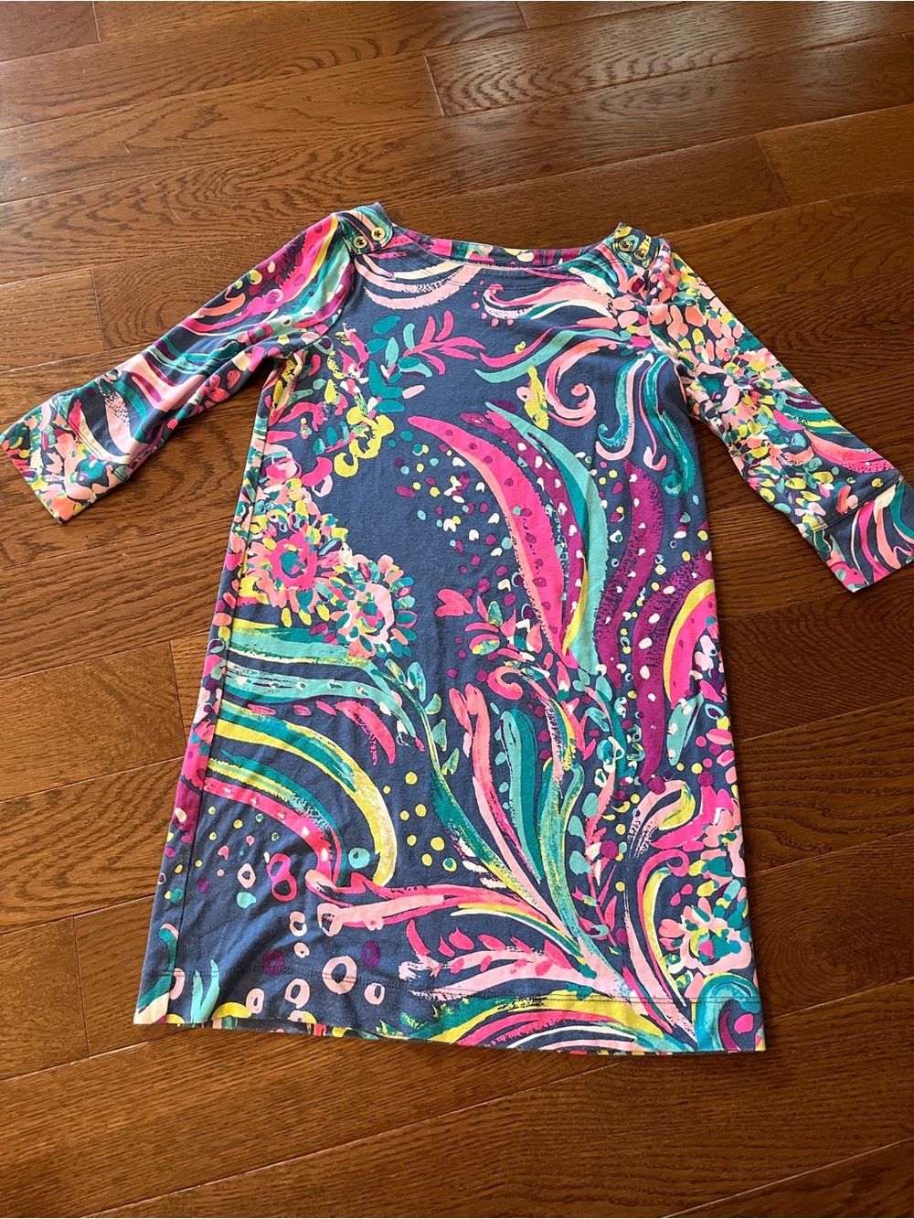 Lilly Pulitzer Girls' Navy Dress with Pink, Teal & Yellow Swirl Print